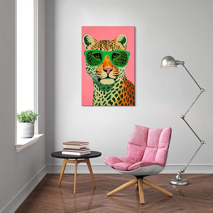 7CANVAS Pink Cheetah Print Canvas Wall Art Leopard Wall Decor Preppy Room Decor Animal with Sunglasses Chic Picture for Modern Home Girls Dorm 24x36Inch