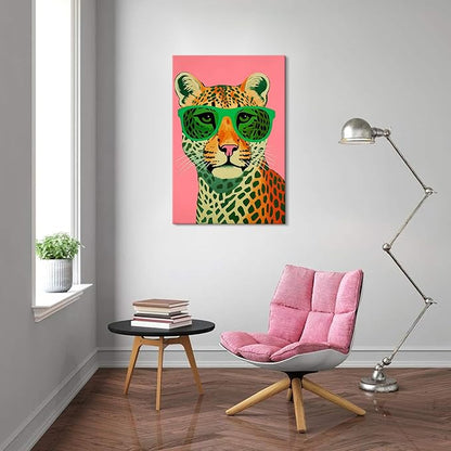 7CANVAS Pink Cheetah Print Canvas Wall Art Leopard Wall Decor Preppy Room Decor Animal with Sunglasses Chic Picture for Modern Home Girls Dorm 24x36Inch