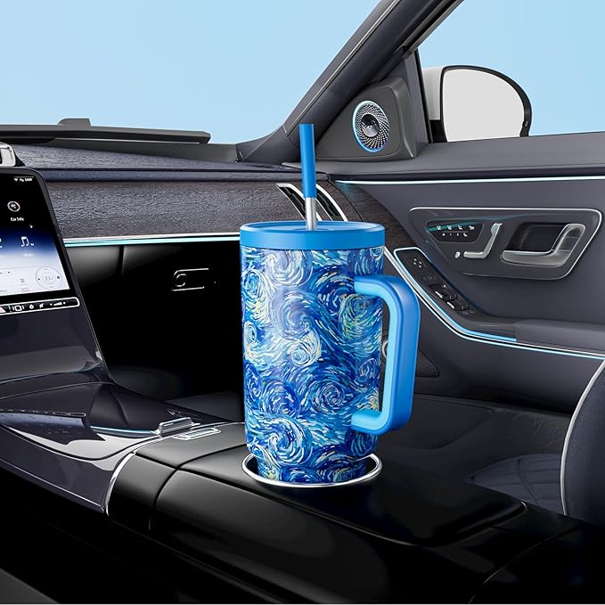 Meoky Tumbler with Handle and Straw for Women: 40 oz Stainless Steel Insulated Tumbler with Lid and Straw 100% Leakproof for Car Cup Holders - Travelers Commuters Workers, Van Gogh