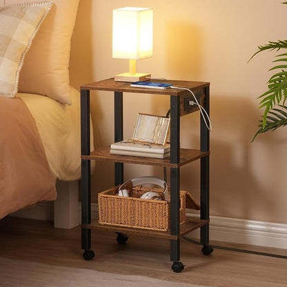 HOOBRO 3-Tier Printer Stand with Charging Station, Under Desk Printer Table, Printer Cart with Storage Shelves, Shelf for Small Spaces, for Home Office, Rustic Brown and Black BF63UPS01