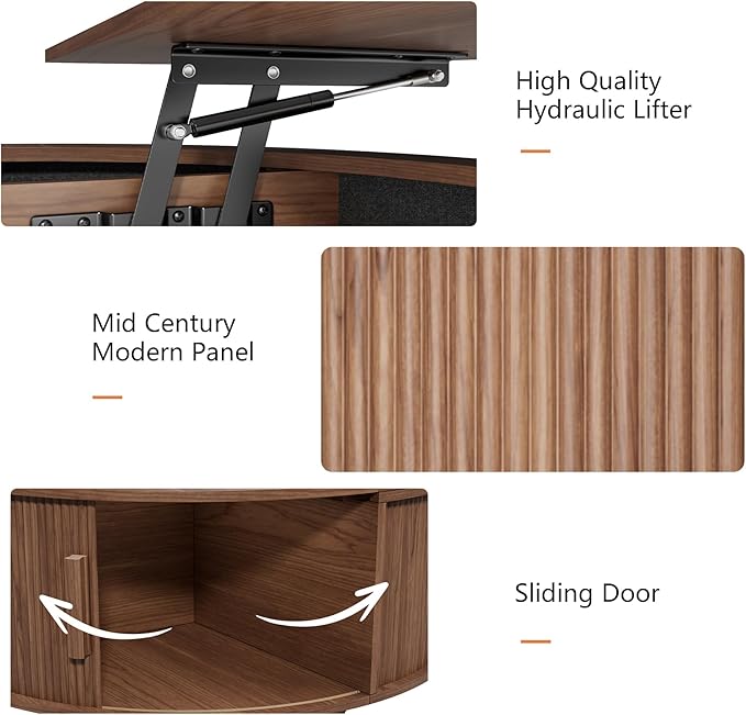 Round Lift Top Coffee Table, Mid Century Modern Fluted Circle Coffee Table with Hidden Storage Compartment, Wooden Center Table with Open Shelf for Living Room, Small Space, Walnut