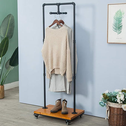 Industrial Pipe and Wood Rolling Clothes Retail Heavy Duty Garment Racks,Metal Clothing Store Hanger Storage Shelves,Floor-Standing Display Rack,Decor Pipeline Shelf (Black)