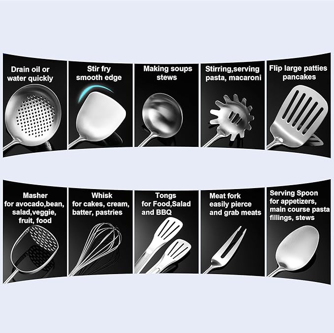 NIITAWH Stainless Steel Kitchen Utensils 13 PCS Metal Set, Solid and Slotted Spoon, Fork, Spatula, Ladle, Skimmer, Slotted Spatula Tunner, Spaghetti Large Spoon, Meat Fork, Masher, Whisk, Tongs