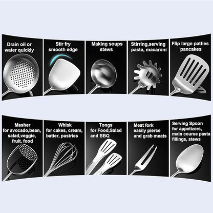 NIITAWH Stainless Steel Kitchen Utensils 13 PCS Metal Set, Solid and Slotted Spoon, Fork, Spatula, Ladle, Skimmer, Slotted Spatula Tunner, Spaghetti Large Spoon, Meat Fork, Masher, Whisk, Tongs