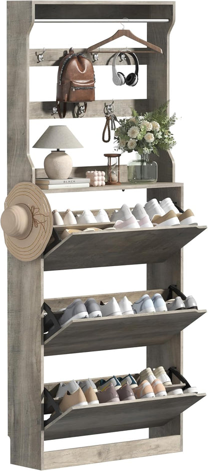 Tall Shoe Cabinet with Coat Rack, Hidden Shoe Storage Cabinet with Doors & Drawer, Hanging Bar & Hooks, Slim Narrow Freestanding Shoe Rack Organizer for Entryway, Hallway & Living Room, Grey