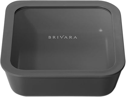 BRIVARA HOME Ceramic Coated Glass Food Storage Container | No PTFE, PFOA, PFAS, and BPA | Reusable Non Toxic Meal Prep Container with Glass Lid | Easy To Store | 8 Cup Square [Onyx]
