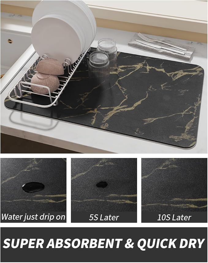 AMOAMI-Coffee Mat Hide Stain Rubber Backed Absorbent Dish Drying Mat for Kitchen Counter-Coffee Bar Accessories Fit Under Coffee Maker, Espresso Machine, Pot, Dish Rack Black&Gold