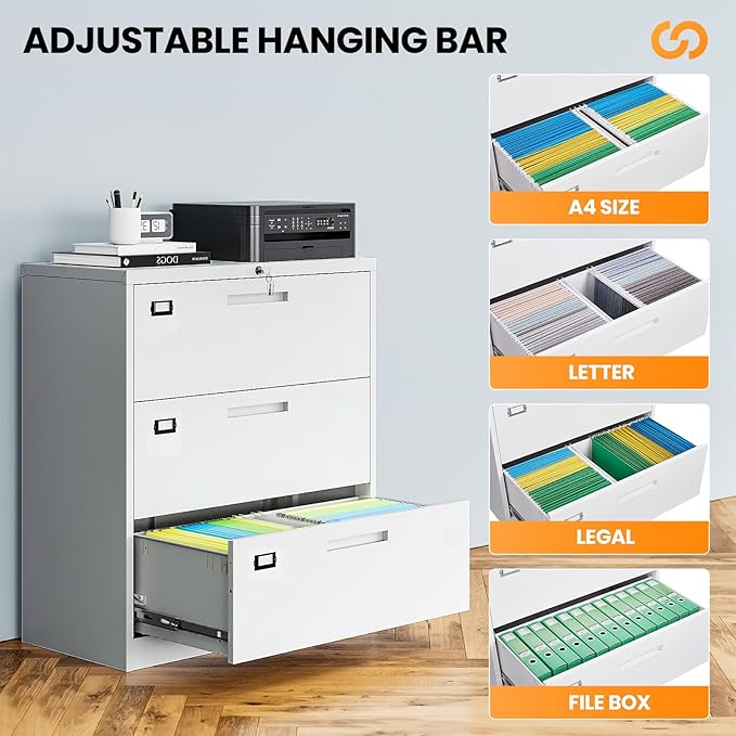 3 Drawer File Cabinets for Home Office, Metal Filing Cabinet with Lock, White Locking File Caninet Three Drawer, Office Storage Caninets Steel Cabnet for Letter/Legal/A4/F4-Assembly Required
