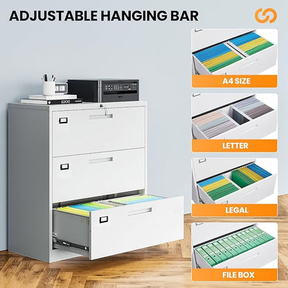 3 Drawer File Cabinets for Home Office, Metal Filing Cabinet with Lock, White Locking File Caninet Three Drawer, Office Storage Caninets Steel Cabnet for Letter/Legal/A4/F4-Assembly Required