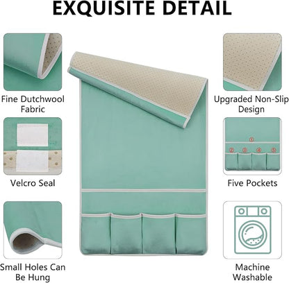 Remote Control Holder for Armchair Caddy, Couch TV Remote Holder for Bed Storage 5 Pockets，Remote Caddy Bedside Organizer Bedside Table Organizer (MintGreen, 35''x18'')