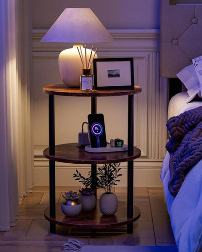 XBurmo Small Round End Table - 3 Tier Design Accent Table, Narrow Side or Bedside Stand, Industrial Vintage Table for Small Spaces, Built-in USB Ports and Power Outlet, Rustic Brown