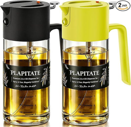 2Pcs 17oz Premium Olive Oil Sprayer for Cooking, 2 in 1 Glass Olive Oil Dispenser Bottle for Kitchen Gadgets, Spray Bottle with Portion Control for Salad, Frying, BBQ (Black & Lime Yellow)