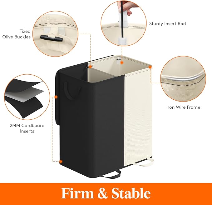 Lifewit Double Laundry Hamper with Lid and Removable Laundry Bags, Large Collapsible 2 Dividers Dirty Clothes Basket with Handles for Bedroom, Laundry Room, Closet, Bathroom, College, 155L White&Black