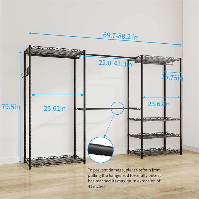 ecobedding Heavy Duty Garment Rack, 900LBS Max Load Freestanding Closet Organizer with 6 Storage Shelves & 3 Adjustable Hanging Rods, Multifunctional (Black, 15.75" D x (69.7~88.2)" W x 79.5" H)