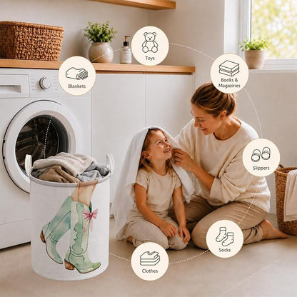 Pink Bow Cowgirl Western Laundry Basket, Sage Green Boots Southwestern Laundry Hamper Waterproof Collapsible Clothes Toys Storage Bin Organizer for Girls Bedroom Bathroom Home