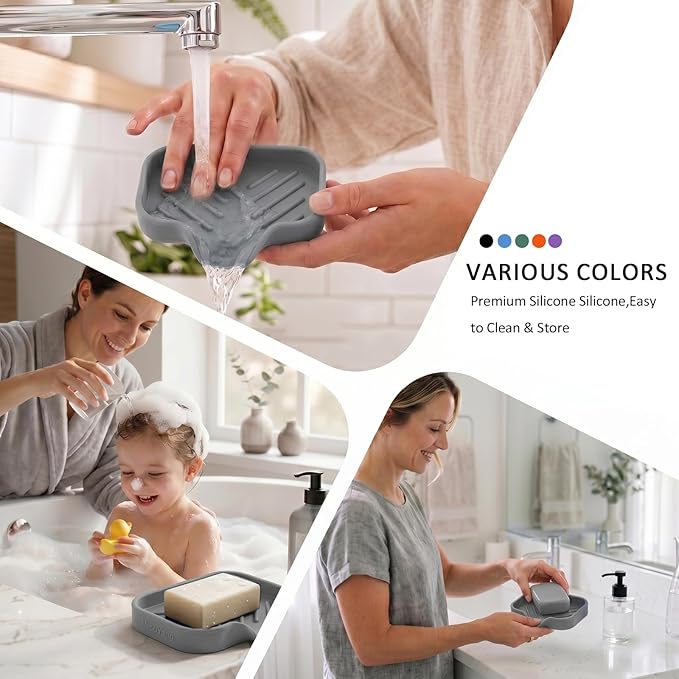 MicoYang Silicone Soap Dish with Drain Spout, Self-Draining Sink Organizer Tray for Bathroom and Kitchen, Sponges, Dispensers and Soap Holder, Non-Slip and Dishwasher Safe, Grey (Compact, 4.9"×3.2")