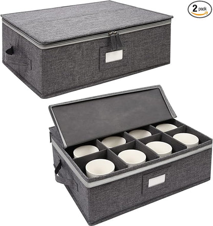 popoly Cup and Mug Storage 2 Pack, Coffee Mug Storage Holds 24 Mugs, Tea Cups and Glasses with with Hard Shell and Dividers, Hard Top, Sides and Stackable (Grey)