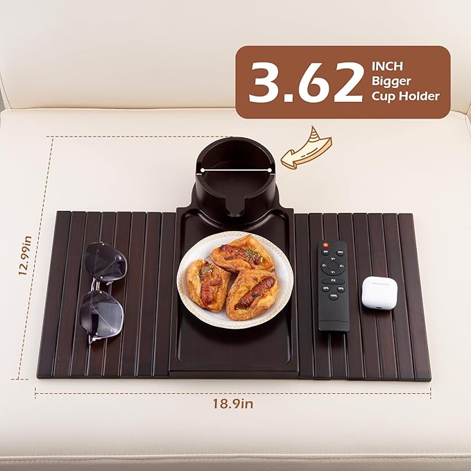 GHKINMAL Couch Cup Holder Tray, 3 in 1 Large Couch Arm Trays,Bamboo Chair Clip on Tray with 360° Ratated Phone Cup Holder for Couch,Snacks,Remote,Phone-Black Walnut