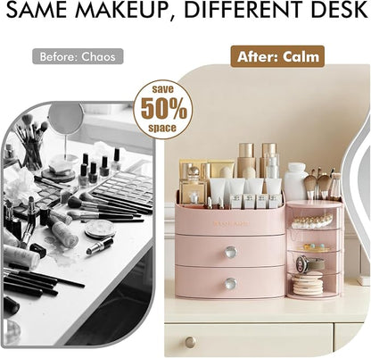 Makeup Organizer Countertop with Drawers, Make up Organizers for Vanity, Skincare Jewelry Earring Organizers, Cosmetic Display Cases Makeup Storage for Bedroom & Bathroom, Ideal Gifts for Women(Pink)