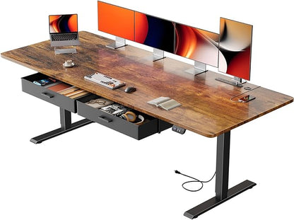 HLDIRECT Electric Standing Desk, Extra Large 79 x 31.5 Inches Height Adjustable Table with Outlets, Sit Stand Computer Desk with Drawers for Home Office, Ergonomic Rising Workstation, Rustic Brown