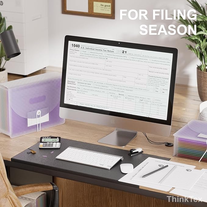 ThinkTex Accordion File Organizer, 12 - Pocket Expanding File Folders for Paper Receipts, Bills & Taxes Organizer, Letter/A4 Size Document Holder for School, Office, Home with tabs-Purple