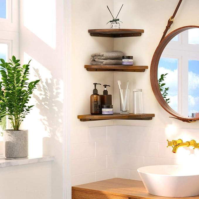 Conamily Corner Shelves, Floating Corner Shelf, Set of 3 Solid Oak Wood Corner Wall Shelves, Round End with Wire Hole Shelving for Small Plant for Bedroom Kitchen, Living Room (Size 9/10/12in)