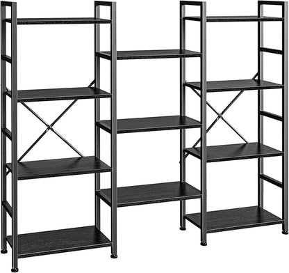 SUPERJARE Triple Bookshelf, Bookcase with 11 Open Display Shelves, Wide Book Shelf Book Case for Home & Office, 4 Tier, Black
