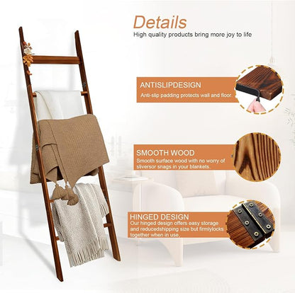 Wooden Blanket Ladder, Leaning Towel Rack with 5 Hooks, Rustic Quilt Display Ladder Stand for Bathroom, Bedroom, Living Room, Easy Assembly