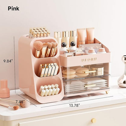 Makeup Organizer for Vanity with Brush Holder, Countertop Skincare Organizer with 2 Drawers, Spacious Cosmetic Display Case for Perfumes, Eyeshadow Palettes, Nail Polishes