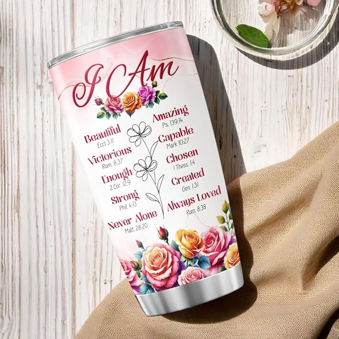 Christian Affirmation Gift for Women, I Am Scripture Tumbler with Bible Verses, Inspirational Floral 20oz Stainless Steel Insulated Cup, Religious Faith Present for Mom, Sister, Friend