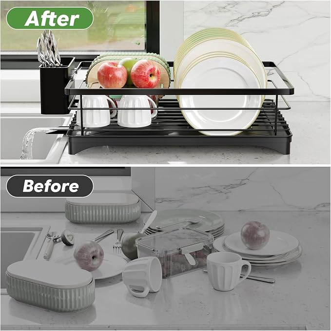 Simple Trending Dish Drying Rack, Space-Saving Dish Rack for Kitchen Counter, Stainless Steel Dish Drainer with Cutlery Holder and Drainboard, 12''W x 17''L, Black