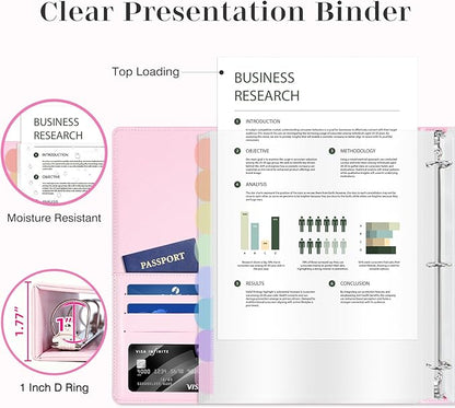 Ospelelf Leather Binder with 58 Plastic Sleeves, 3 Ring Presentation Binder for 8.5x11, Portfolio Organizer with 8 Tabbed Sleeves & Zipper Pocket for Documeents, Artwork, Certificates Pink