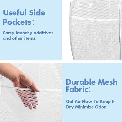 DUCOO Pop Up Laundry Hamper, 70L Collapsible Mesh Laundry Basket with Side Pocket, Foldable Dirty Clothes Hamper with Sturdy Reinforced Handles for Home Dorm Bedroom Travel Bathroom Storage, White