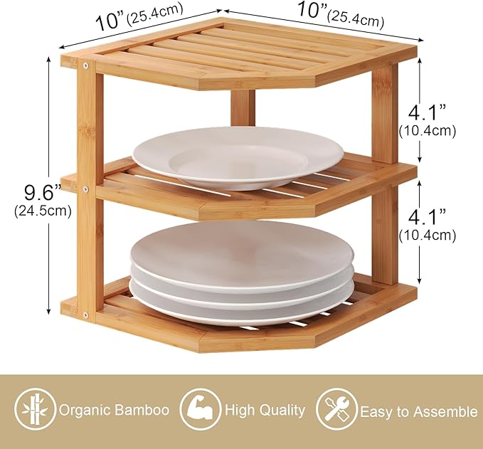3 Tier Bamboo Corner Shelf,Dish Drying Rack,Plate Organizer,Kitchen Spice Rack for Countertop and Cabinet