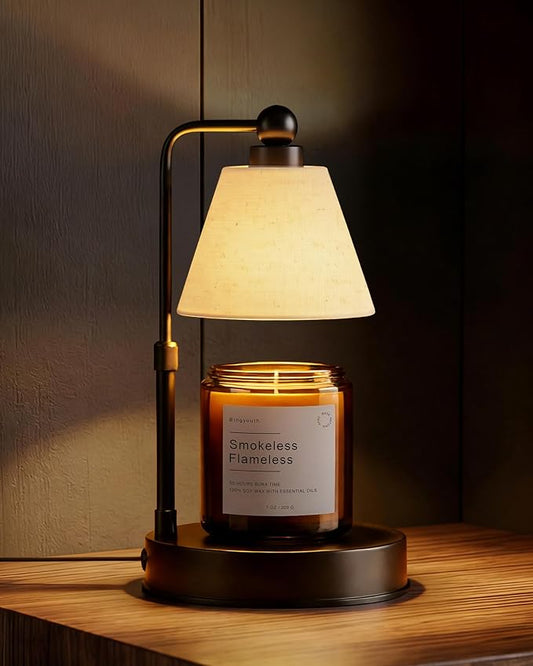 Candle Warmer Lamp with Timer, Dimmable, Adjustable Height, Modern Farmhouse Linen Shade, Black Candle Warming Lamp for Up to 6-Inch Jar Candles, 2 Bulbs Included