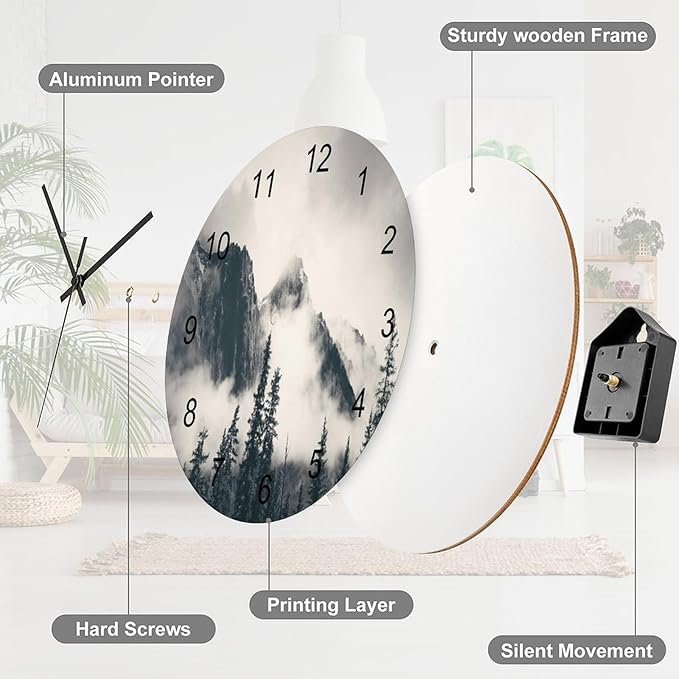 Scenic Nature Wall Clock, Misty Forest Tree Scenery Mountain Foggy Woodland Landscape Wall Clocks Battery Operated Silent Non Ticking Round Wooden Clocks for Kitchen Bathroom Living Room 12 Inch