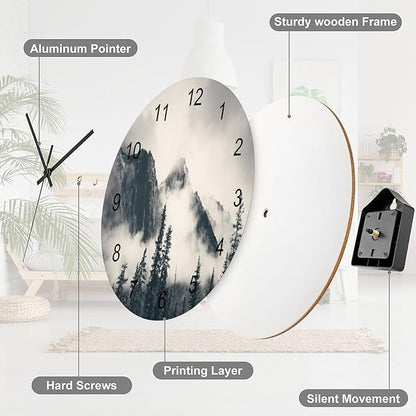 Scenic Nature Wall Clock, Misty Forest Tree Scenery Mountain Foggy Woodland Landscape Wall Clocks Battery Operated Silent Non Ticking Round Wooden Clocks for Kitchen Bathroom Living Room 12 Inch