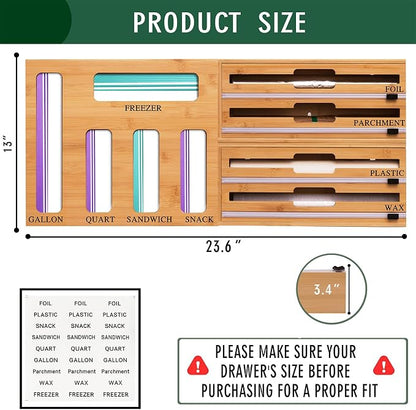 9 In 1 Storage Bag Organizer And Plastic Wrap Dispenser With Cutter, Bamboo Foil and Plastic Wrap Organizer