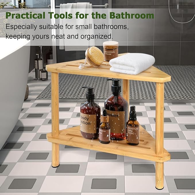 Yoshiky Shower Foot Rest 15in, Shower Stool for Shaving Legs, Waterproof Wood Corner Shower Stool with Storage Shelf for Inside Small Shower Spaces, Bamboo