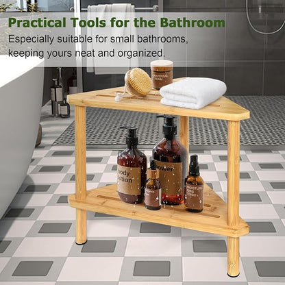 Yoshiky Shower Foot Rest 15in, Shower Stool for Shaving Legs, Waterproof Wood Corner Shower Stool with Storage Shelf for Inside Small Shower Spaces, Bamboo