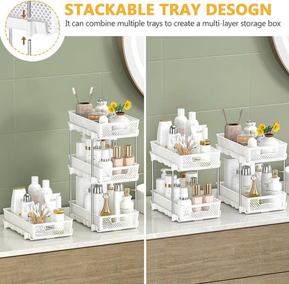4 Pack Pull Out Bathroom Organizers and Storage, 2 Tier Stackable Under Sink Storage Organizer for Bathroom, Kitchen Cabinet, Pantry, and Medicine Holder, Organization and Storage - White