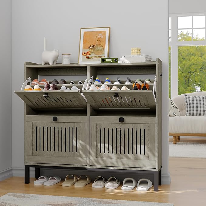 Garvee 4 Flip Drawer Shoe Cabinet with Adjustable Shelves, Hidden Shoe Organizer with Large Capacity, Freestanding Wooden Shoe Rack for Entryway, Hallway, Living Room, Washed Gray