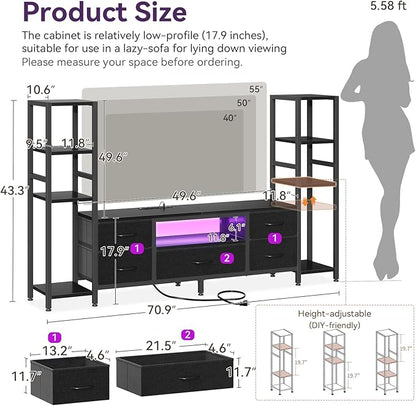 Casaottima TV Stand for 40/50/55 Inch TV, Low-Profile Entertainment Center with LED Lights & Power Outlets, TV Stand with Drawers & Open Shelves for Storage for Small Spaces/Living Room/Gaming, Black