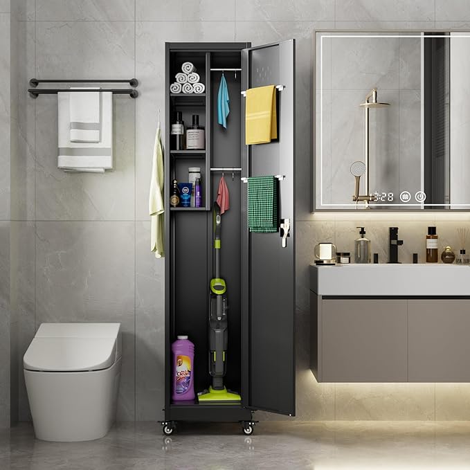 72" H Broom Closet Storage Cabinet, Metal Garage Storage Cabinet with Wheels, Pegboard, Locking Door and Hooks for Garage, Home, Utility Cleaning Cabinet for Broom and Mops, Black