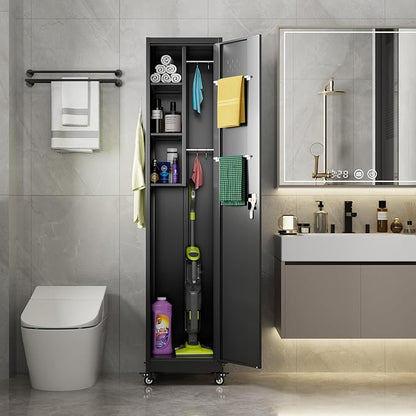 72" H Broom Closet Storage Cabinet, Metal Garage Storage Cabinet with Wheels, Pegboard, Locking Door and Hooks for Garage, Home, Utility Cleaning Cabinet for Broom and Mops, Black