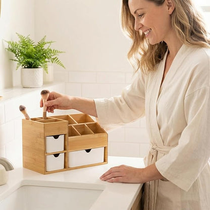 Bamboo Makeup Organizer with 3 Drawers, Dresser Cosmetic Organizer Box,Bamboo Desk Organizer for Home with Adjustable Dividers（11.5x5.4in）