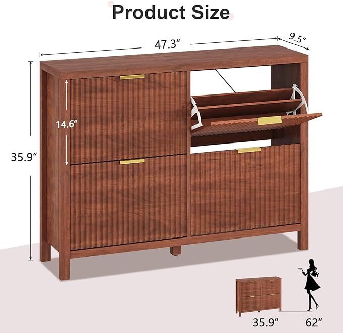 Shoe Cabinet Storage for Entryway, Fluted Walnut Shoe Cabinet with 4 Flip Drawers, Hidden Shoe Rack Freestanding Wooden Shoe Organizer with Legs for Hallway