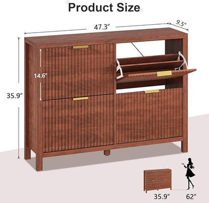 Shoe Cabinet Storage for Entryway, Fluted Walnut Shoe Cabinet with 4 Flip Drawers, Hidden Shoe Rack Freestanding Wooden Shoe Organizer with Legs for Hallway