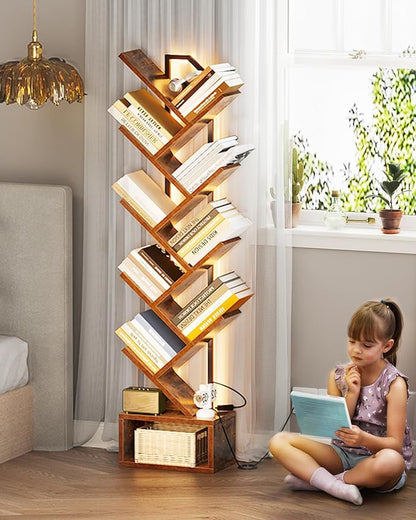 Casaottima Tree Bookshelf with LED Lights, 8-Tier Narrow Bookcase for Small Spaces, Tall Steel & Wood Storage Shelf with Cabinet, Home Decor & Organizer for Living Room/Bedroom/Home Office, Vintage