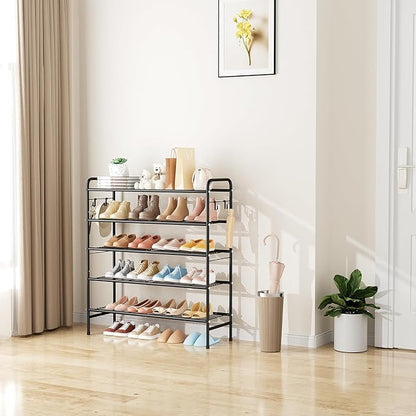 5 Tier Shoe Rack 33" Wide Metal Shoe Organizer Long Shoe Storage with 4 Side Hooks Sturdy Shoes Shelf for Closet, Front Door Entrance, Garage, Dorm, Black
